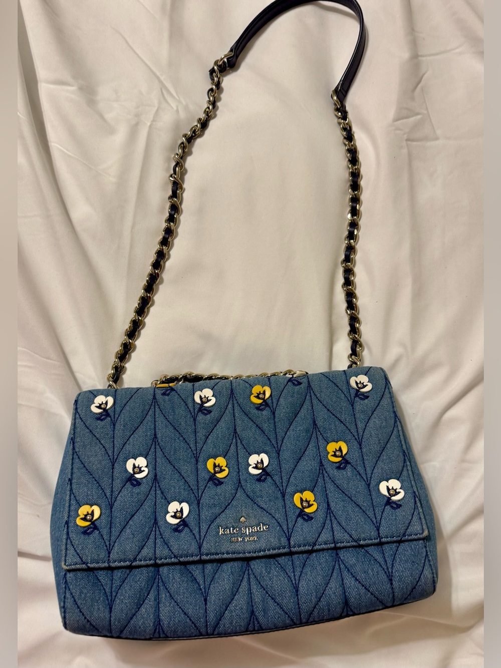 Kate Spade NY Denim Floral Embellished Chain Shoulder Bag Blue Pansy Purse